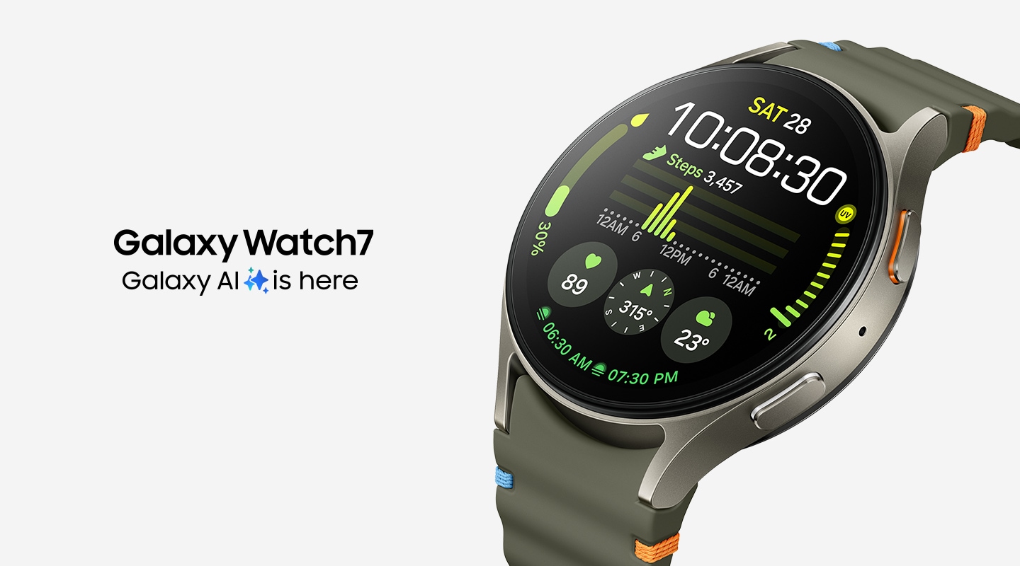Galaxy Watch7 的表盘显示心率、步数和其他运动指标，略微倾斜，朝向左上方。可以看到“Galaxy AI 就在这里”的文字和 Galaxy AI 图标。