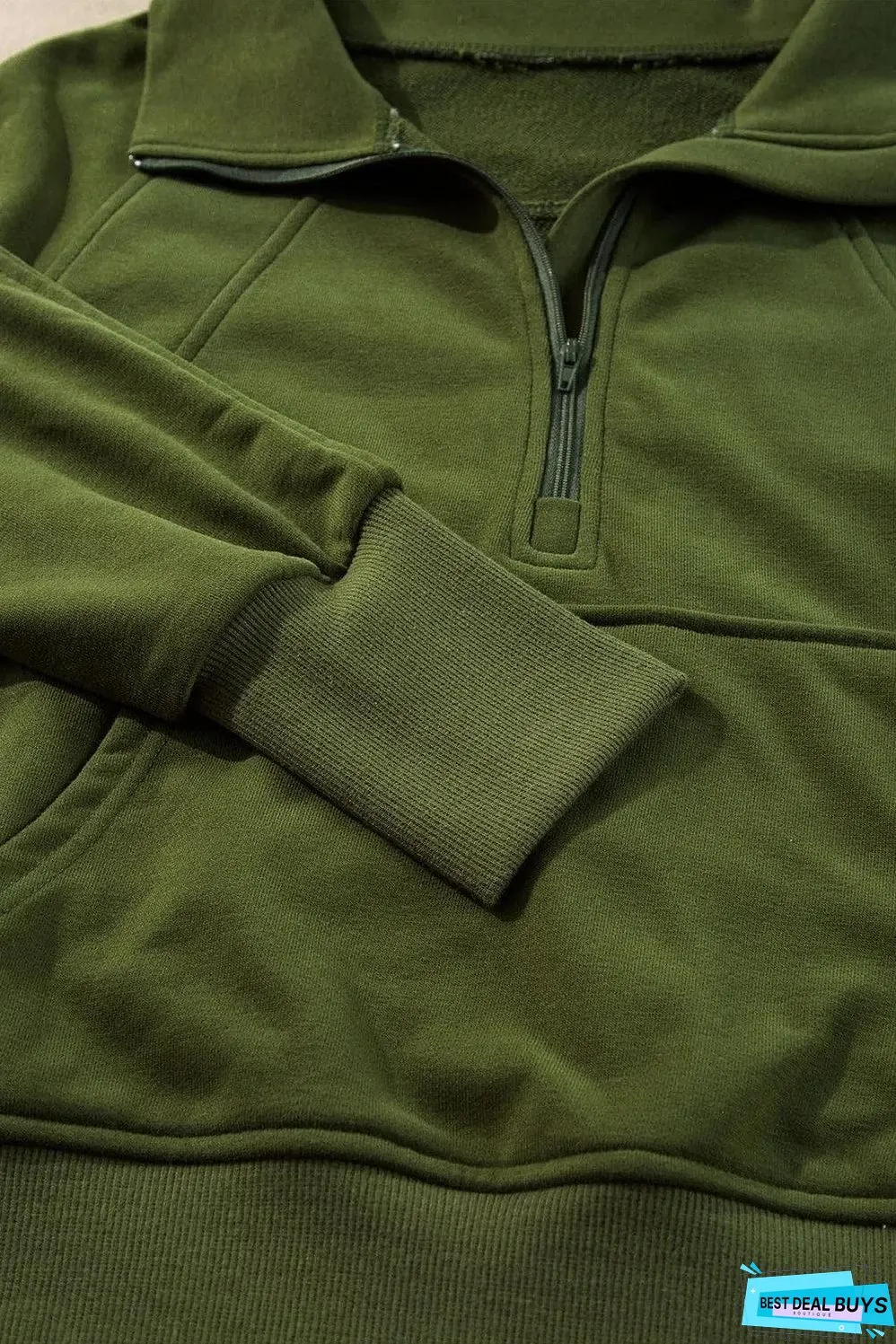 Moss Green Quarter Zip Stand Neck Kangaroo Pocket Sweatshirt