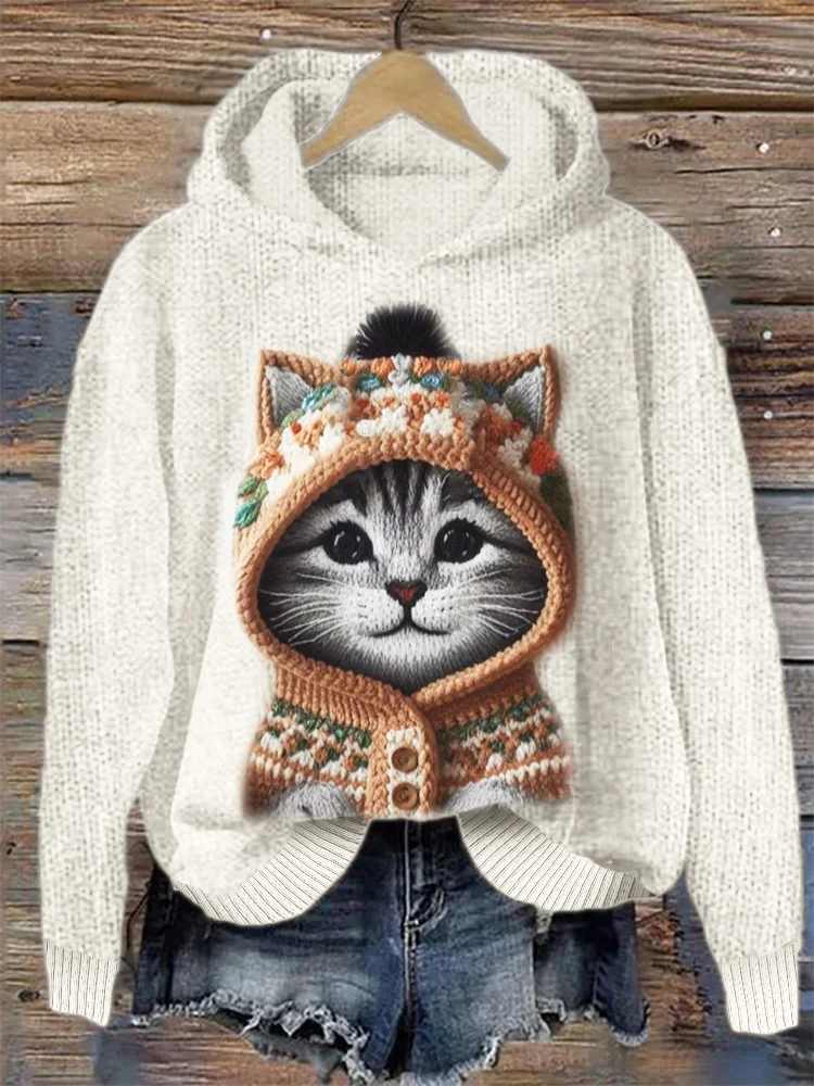 Cozy Cat With Hoodie Crochet Hooded Sweater