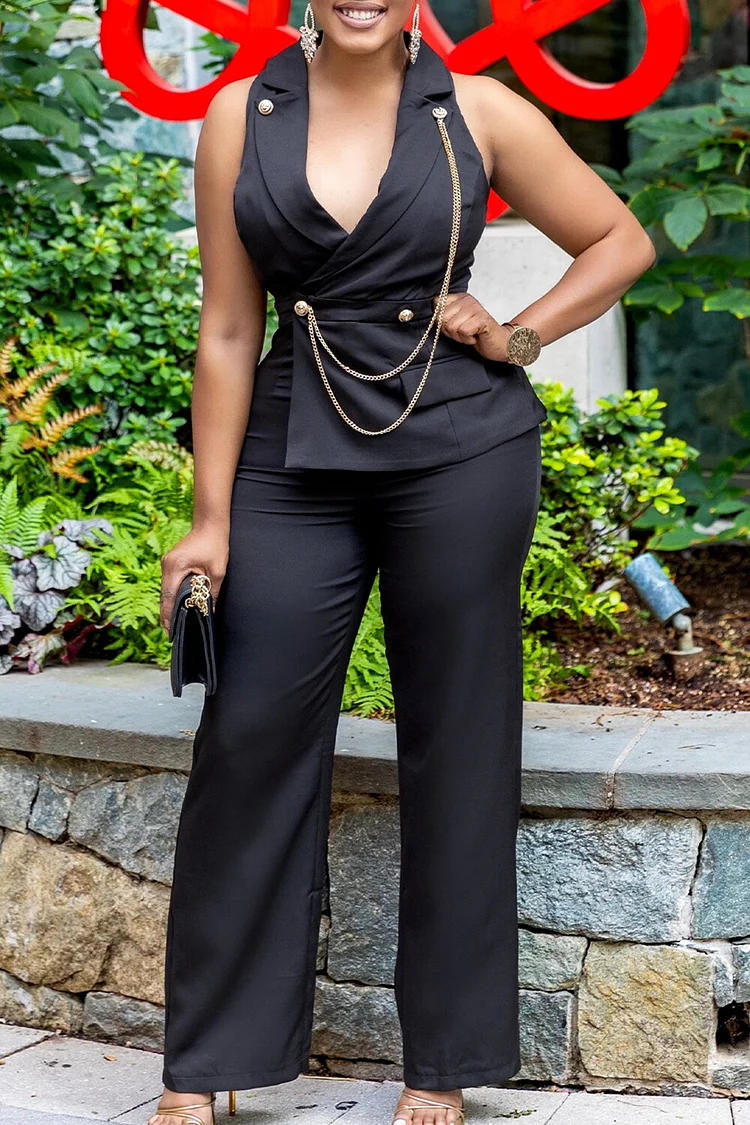 Chain Decor Sleeveless Cinch Waist Asymmetrical Jumpsuit-Beige