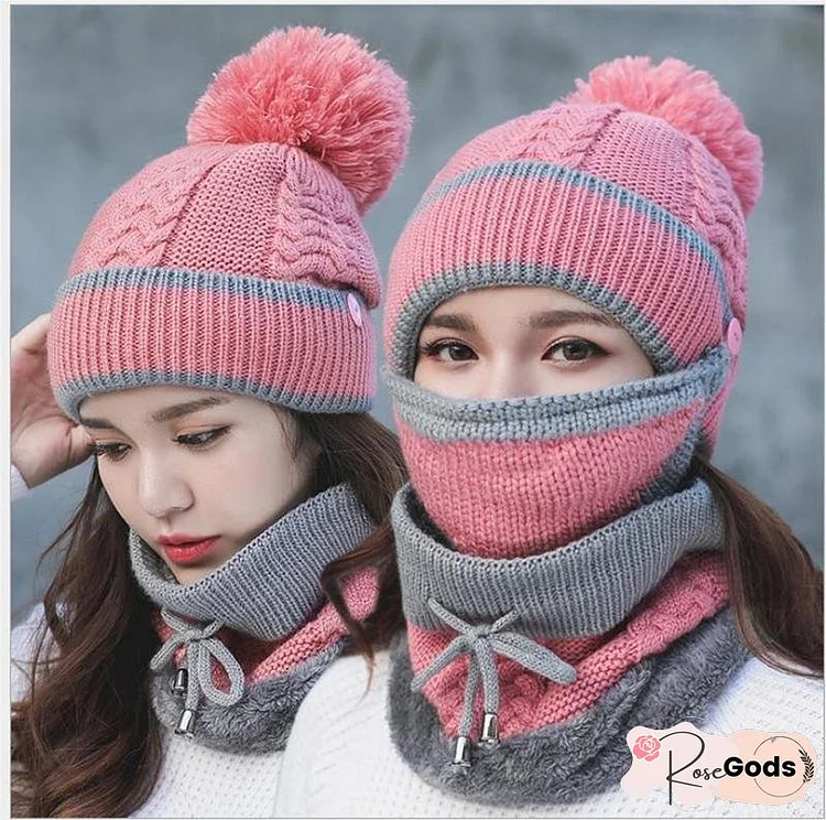 Winter Beanie Hat Scarf and Wind Proof Set 3 Pieces Thick Warm Knit Cap For Women