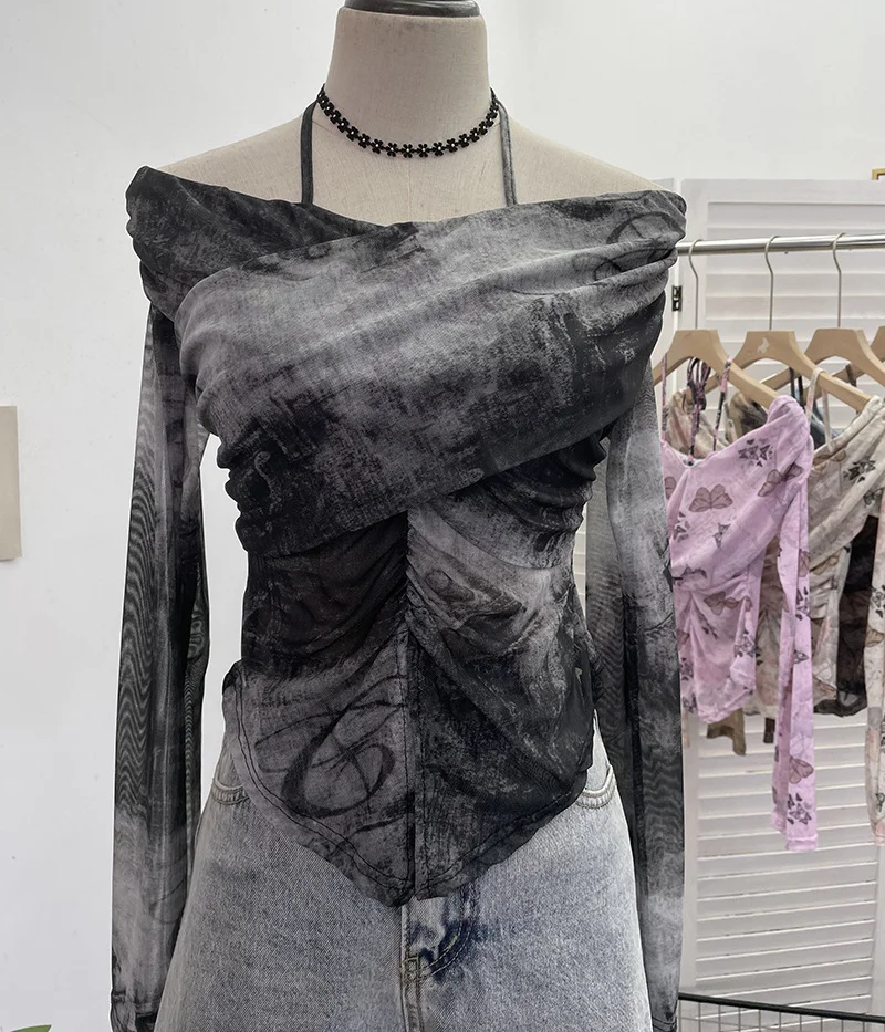 Uveng Real Shot Shoulder Strap Hanging Neck Pure Lust Wind Long-Sleeved T-Shirt Repair Cross-Folded Open Fork Short Top 9932