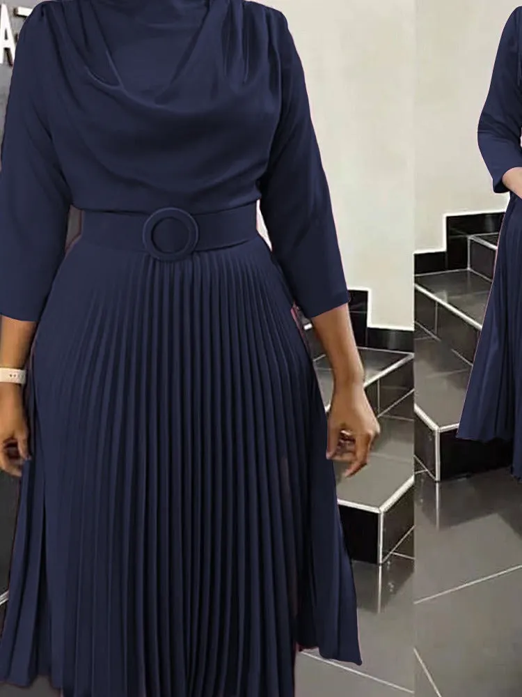 Brownm Autumn Fashion African Solid Color Pleated Dresses