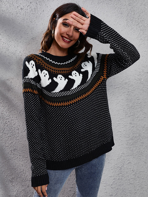 Women Halloween Ghost Retro Polka Dot Long Sleeve Knitted Sweater