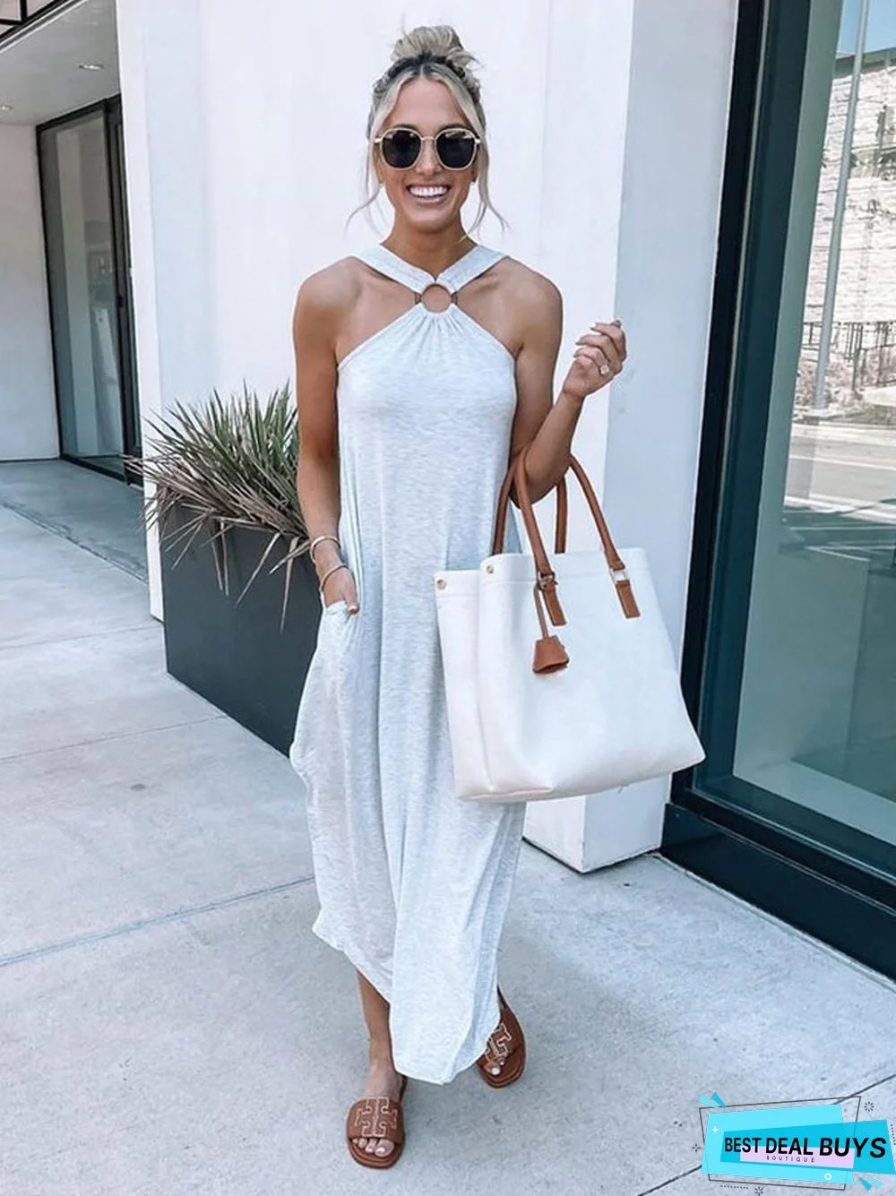 Off-The-Shoulder Casual and Comfortable Long Pocket Dress with Hanging Neck