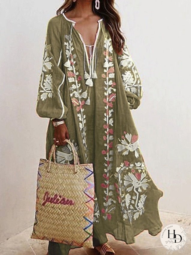 Casual Dress Swing Long Maxi Green Blue Khaki Sleeve Floral Patchwork Fall Spring Neck