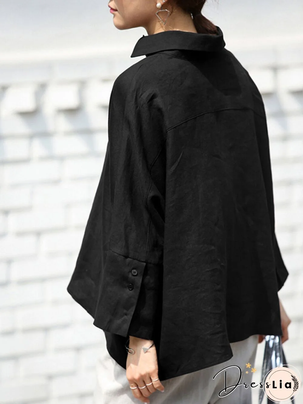 Plain Lapel Loose High-low Hem Long Sleeve Casual Shirt