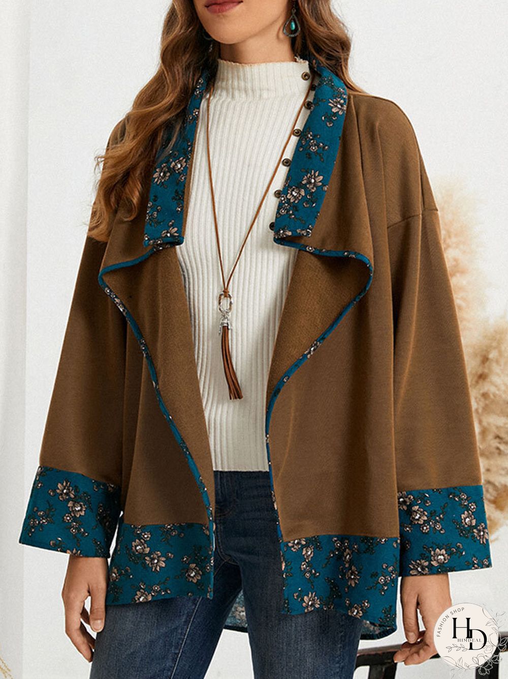 Floral Print Lapel Button Long Sleeve Women Jacket