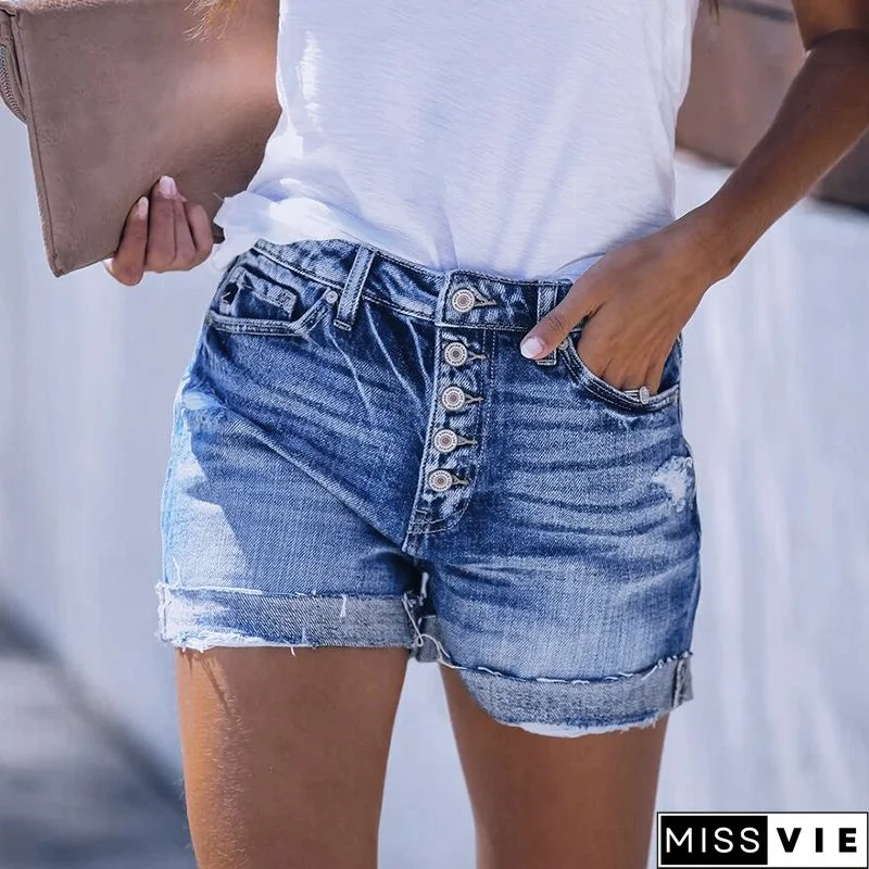 Women's Vintage Button-up Denim Shorts Casual Summer Short Jeans Pant