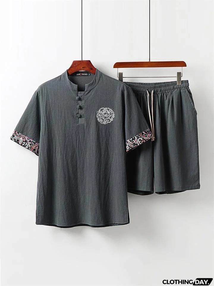 Mens Vintage Loose Linen Casual Short Sleeve T-Shirts+Shorts