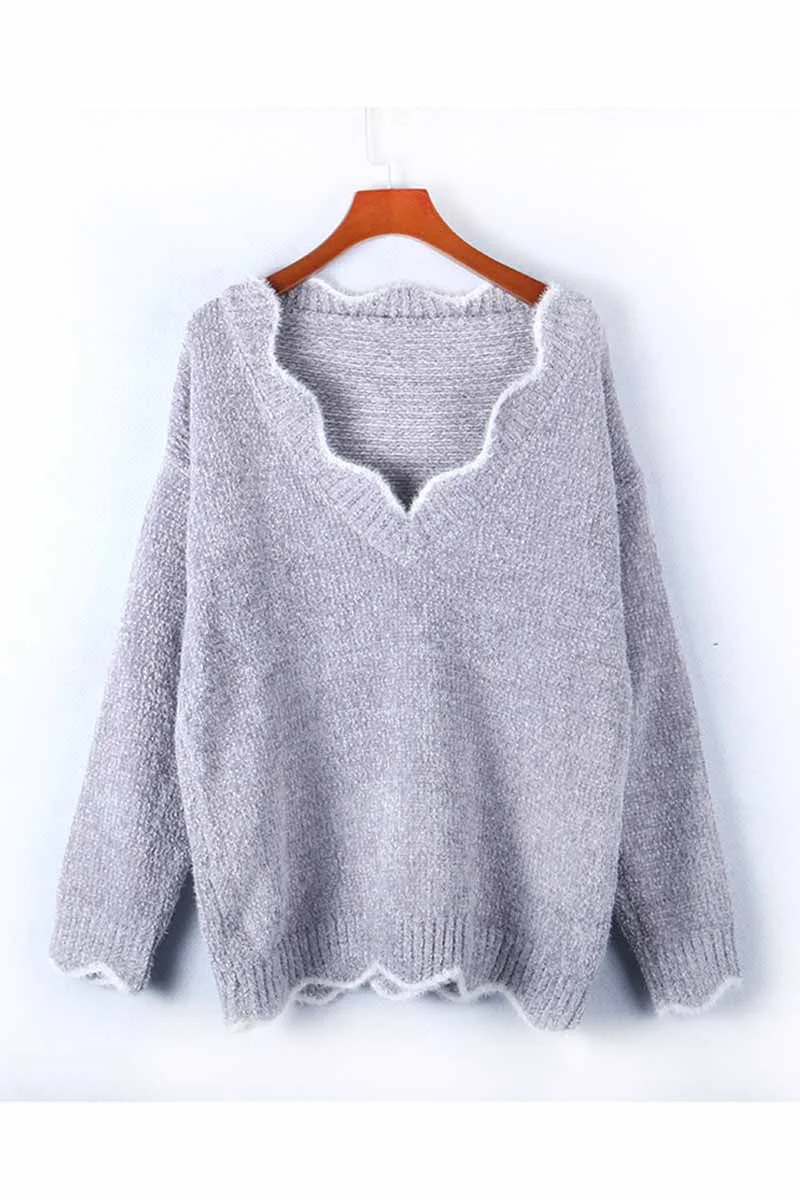Gray V-neck Cute Sweater