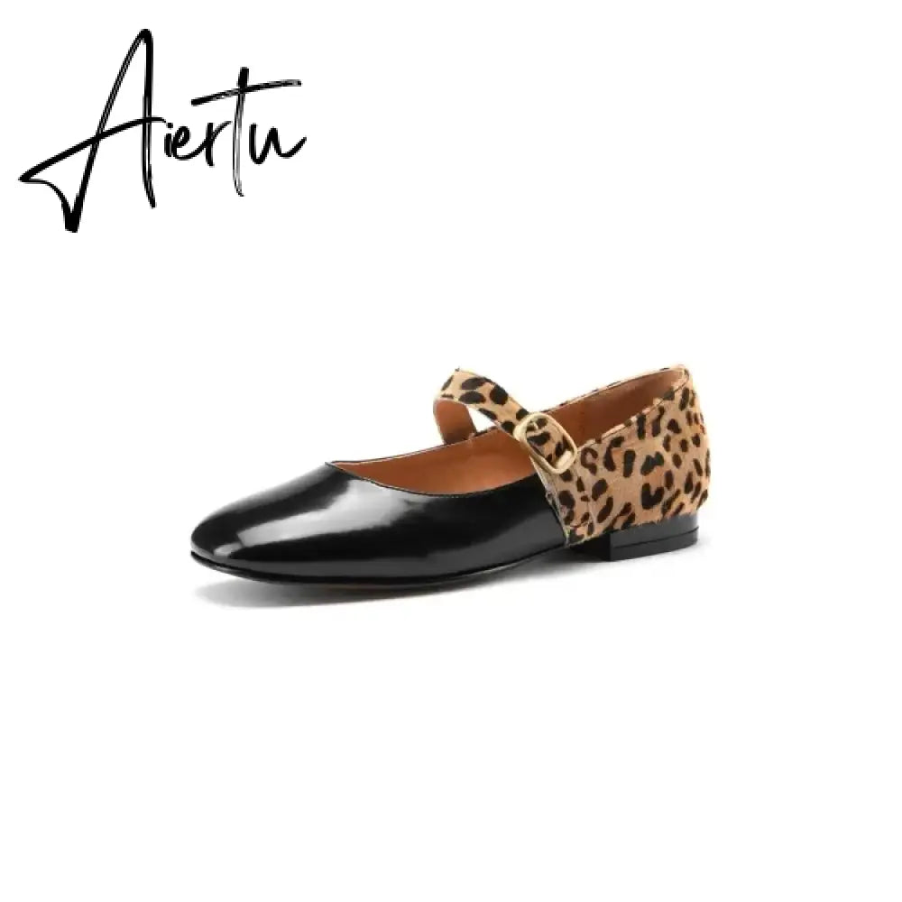 Aiertu HOT SALE Spring Women Pumps Patent Leather Round Toe Splicing Leopard Print One-line Buckle Low-heel Women Shoes Mary Jane Shoes Aiertu