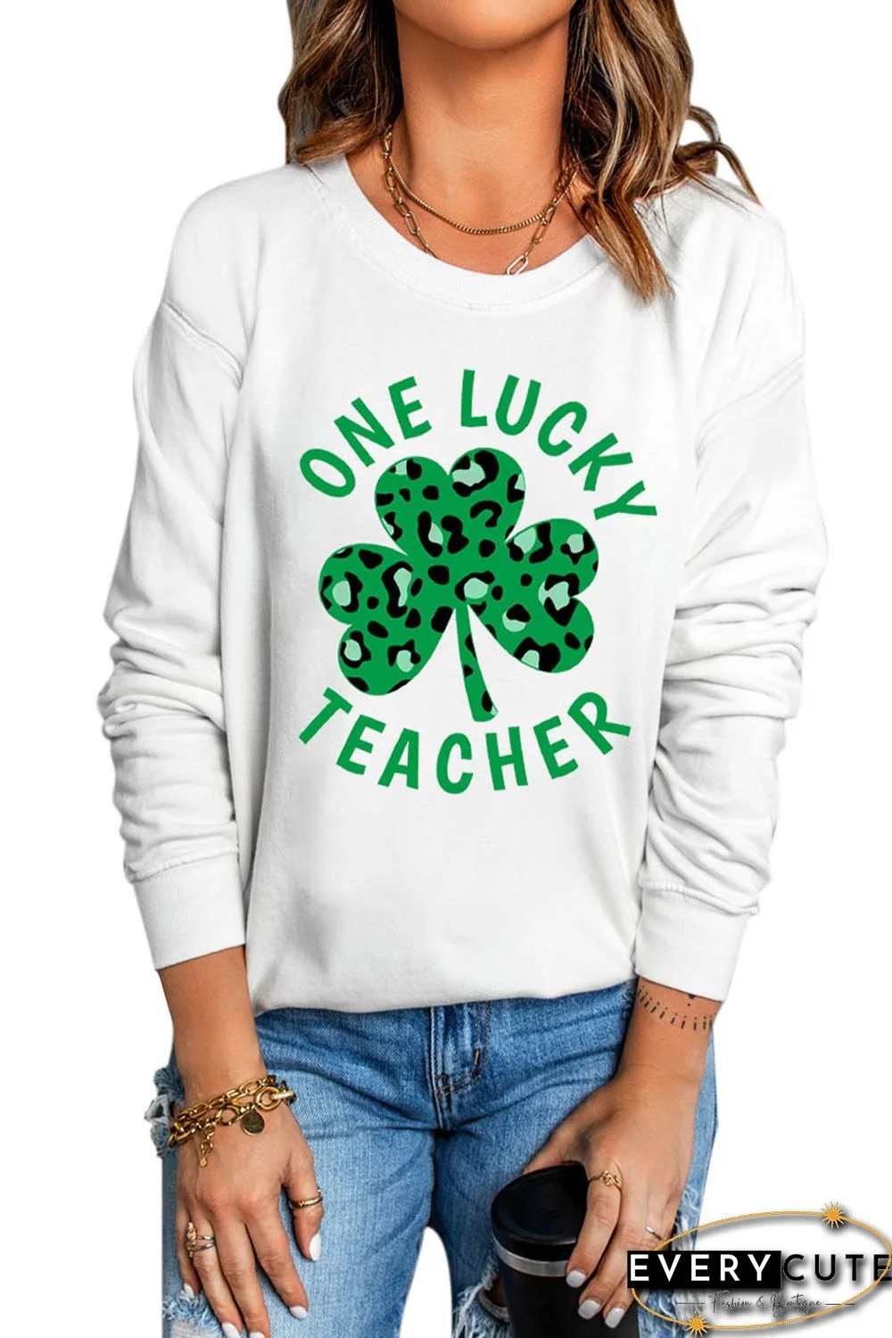 White Letter Leopard Clover Print Long Sleeve Sweatshirt