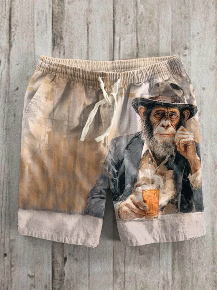 Men's Monkey Gentleman Drinking Art Print Casual Shorts