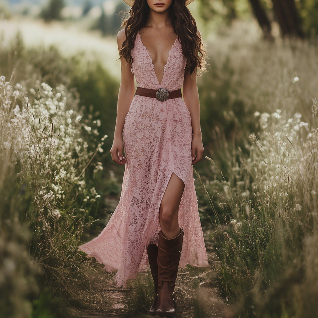 Retro Pink V-neck Sleeveless Lace Long Dress