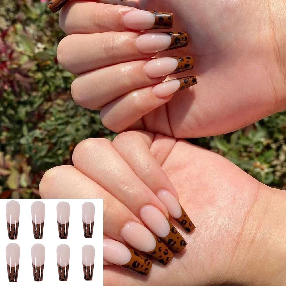 24pcs Leopard French Coffin False Nails With Designs Wearable Ballerina Artificial Fake Nails Full Cover Nail Tips Press On Nail-Nail Inspo