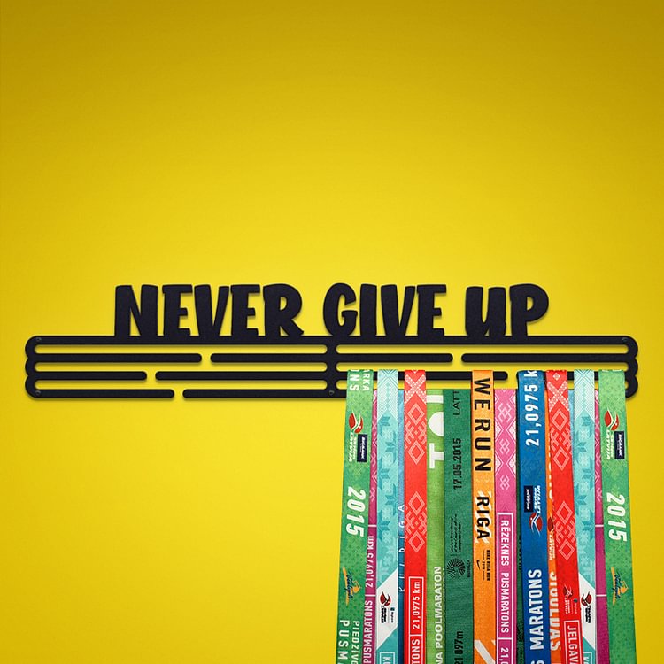 NEVER GIVE UP Medal Hanger Display – Powder coated (matte black) – X-Large / 550mm / 60 Medals