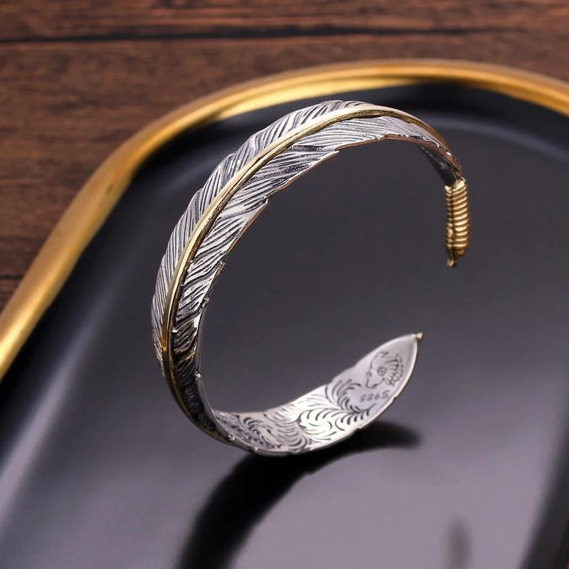 Vintage distressed arabesque feather Open Adjustable Bracelet
