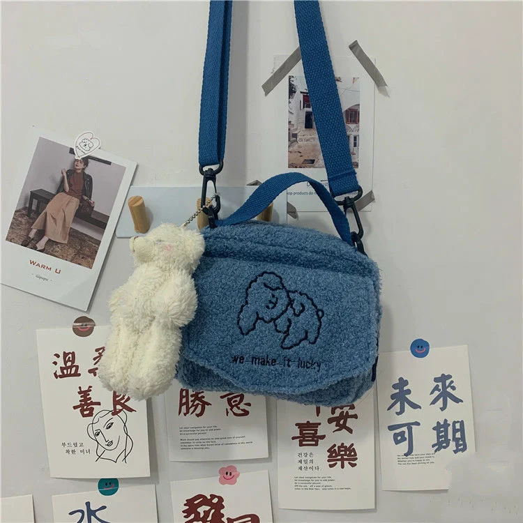 Plush Women's Messenger Bags Ladies Canvas Printed Cute Envelope Bag Wool Lady Sweet Cartoon Student Flap Pocket Shoulder Bag