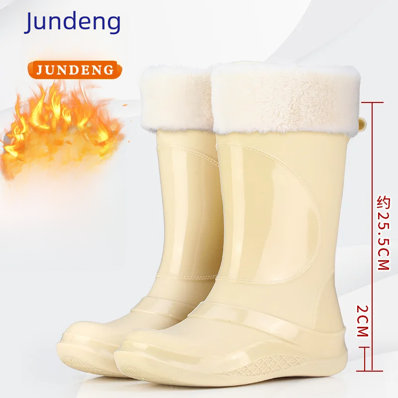 Mid-calf Waterproof Anti-slip Work Shoes Women Fashionable Outdoor Simple Thick Velvet Ladies Rain Boots Pure Color Low Heels Boots