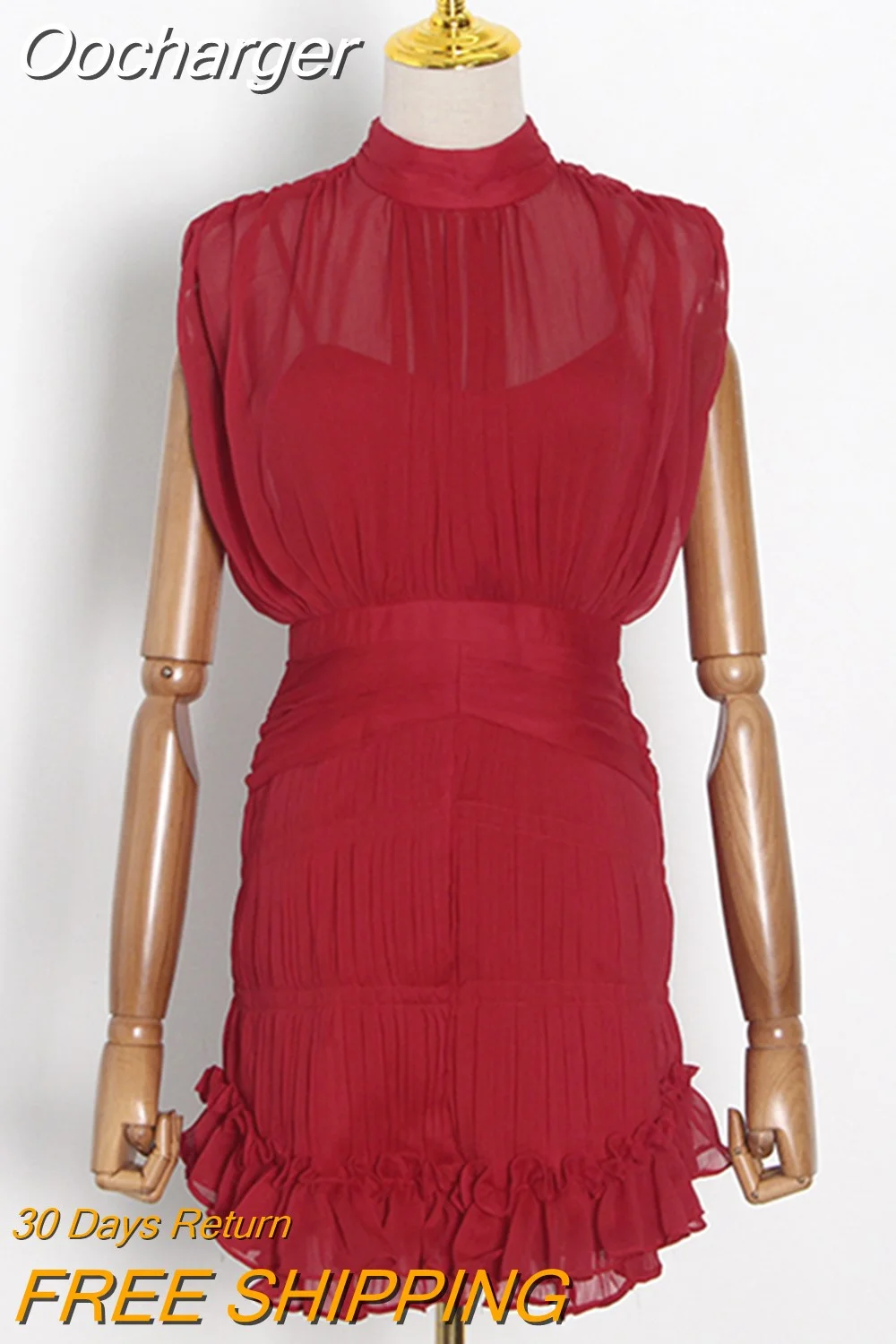 Oocharger Patchwork Layered Ruffle Hem Dress For Women Turtleneck Sleeveless High Waist Solid Mini Dresses Female Summer New