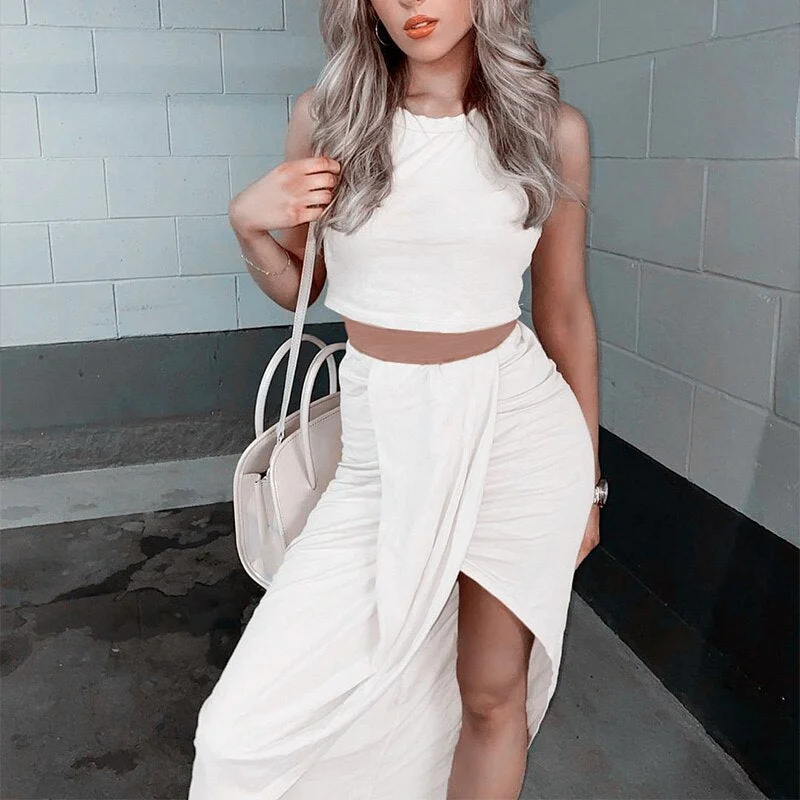 2021 Fashion Lady Skirt Suits Sexy Sleeveless Tops And Casual Drawstring Skirts Outfits Summer Women Two Piece Sets Streetwear