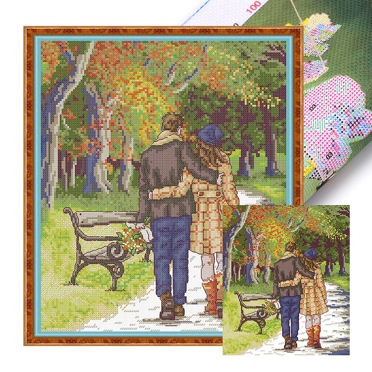 Joy Sunday- Walking in the park- 14CT - 2 Strands Threads Printed Cross Stitch - 31*34cm(Canvas)