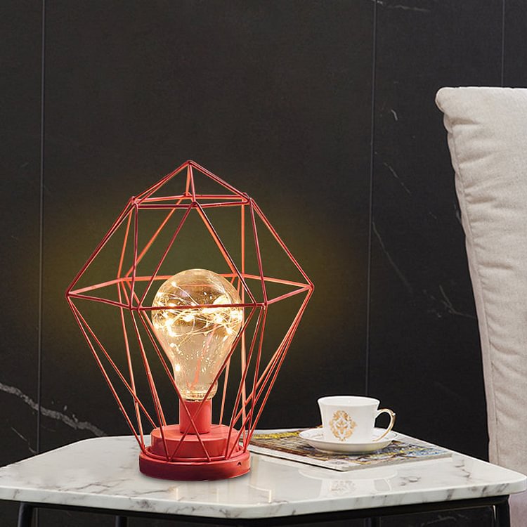 Macaron Diamond/Geometric Nightstand Lamp Iron Girl's Room LED Table Light in Black/Pink with Glow String Inside