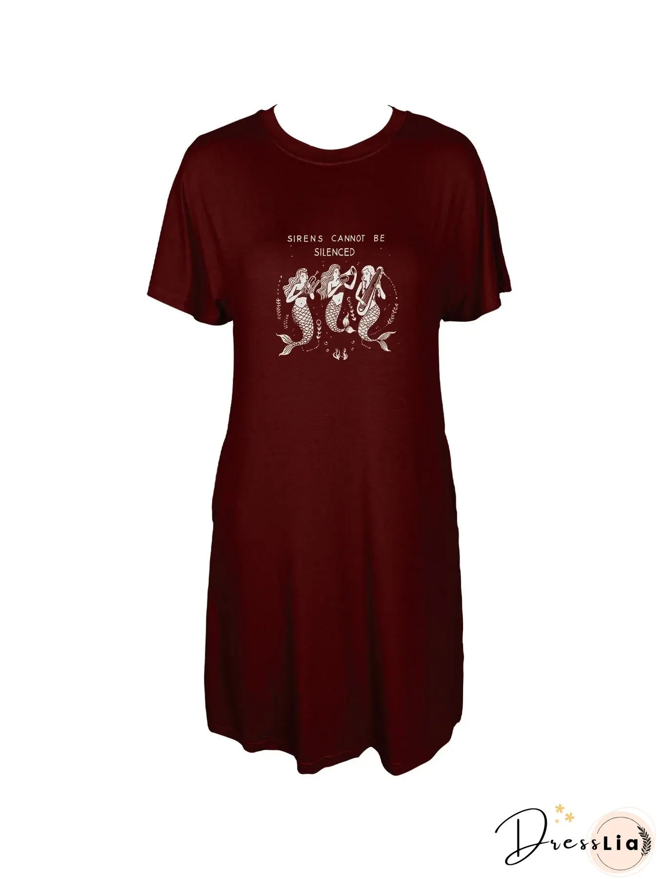 Enchanting Sirens Print Crewneck Tee Dress Casual Short Sleeve For Spring Summer Womens