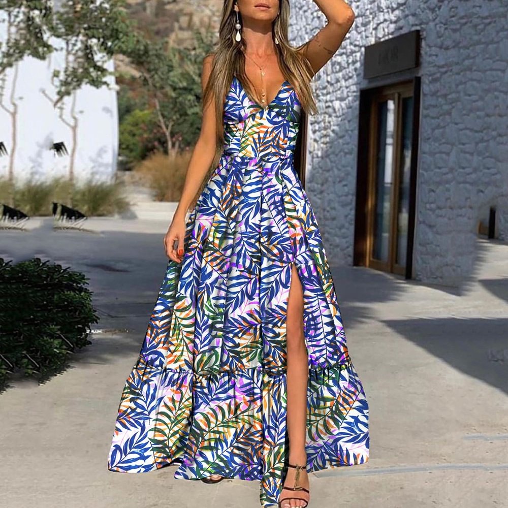 Deep V Suspender Printed Leaf Dress | EGEMISS