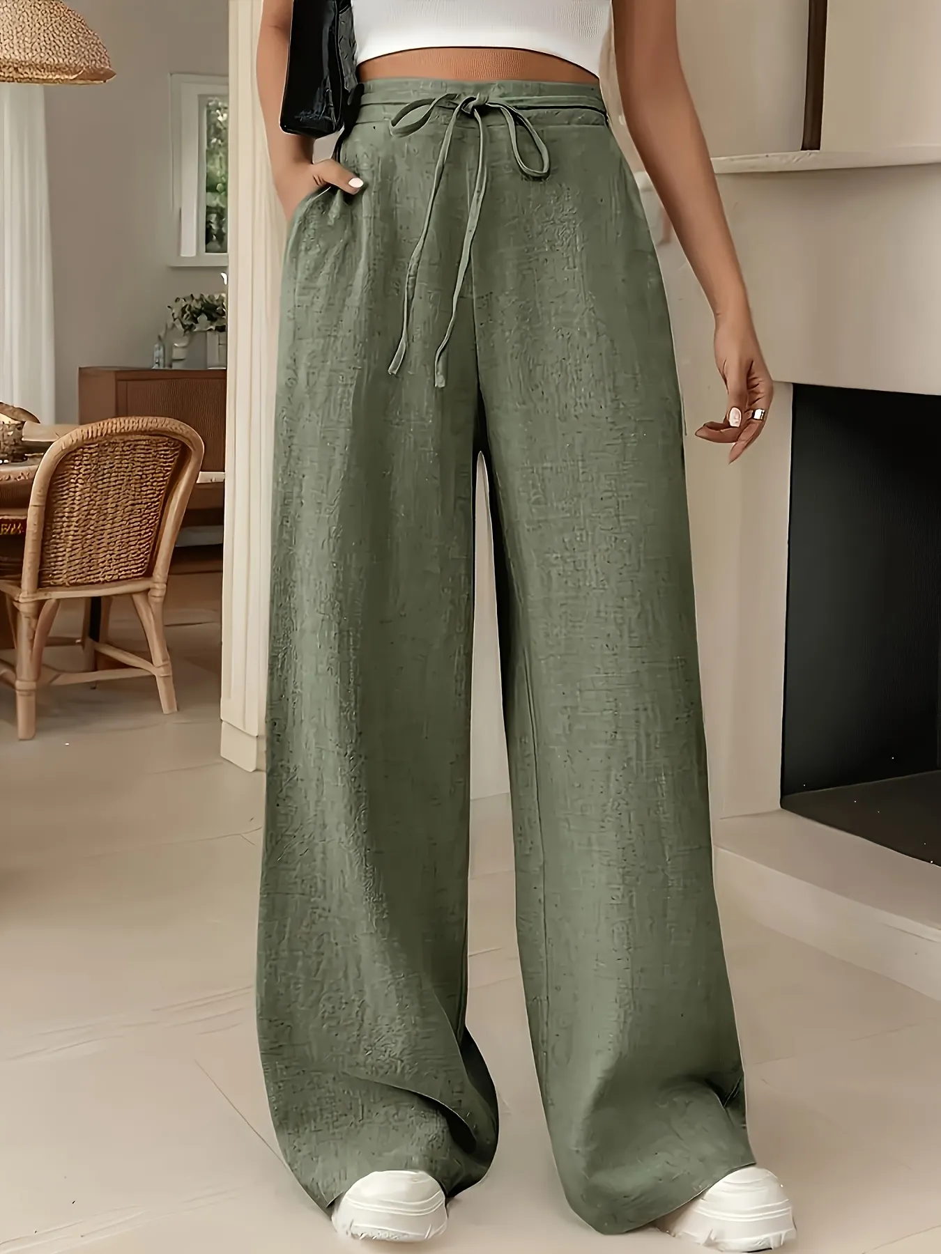 3pcs Solid Color Ice Silk Summer And Autumn Wide-Leg Pants Womens Clothing | IFYHOME