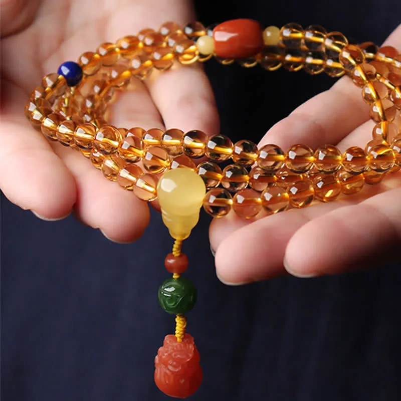 Natural Citrine Amber 108 Mala Beads Peace Buckle Red Agate PiXiu Protection Charm Bracelet