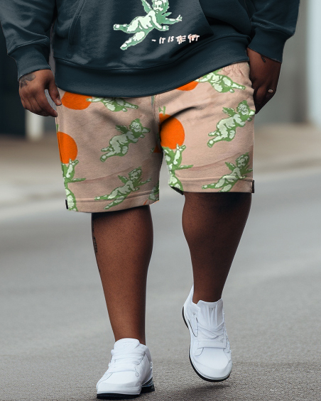 Men's Plus Size Hip Hop Orange Angel Outrank Graffiti Hoodie Shorts Two Piece Set