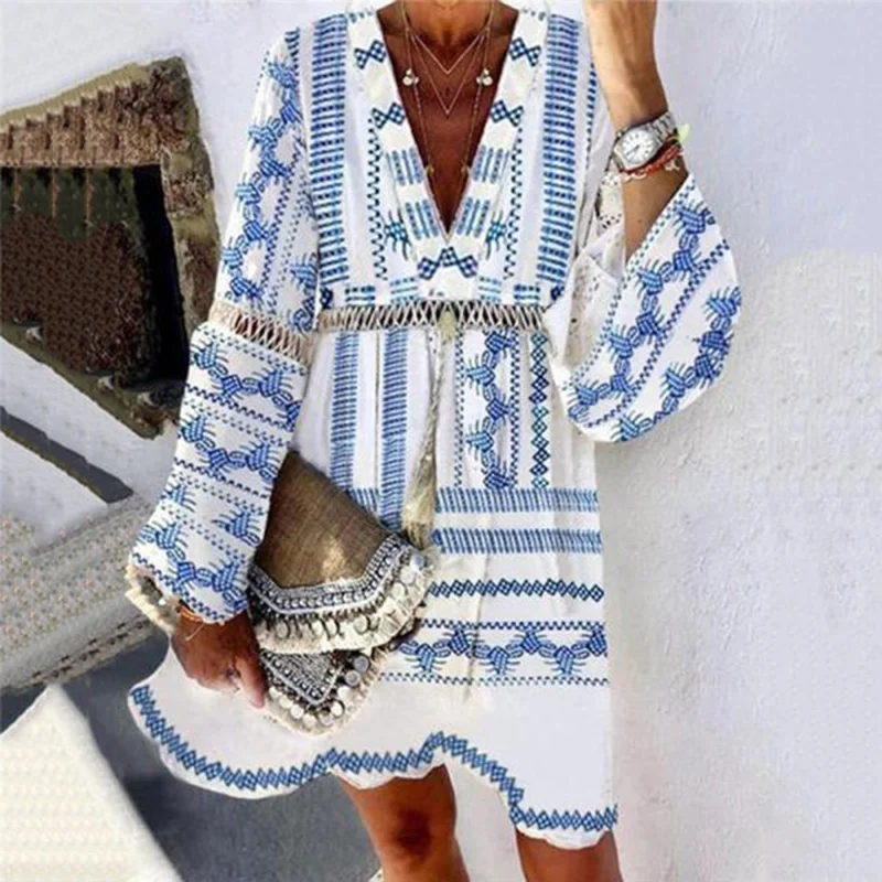 V-Neck Cutout Print Long Sleeve Short Dress