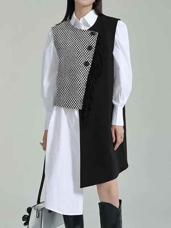 Houndstooth Buttoned Asymmetric Sleeveless Vest Outerwear
