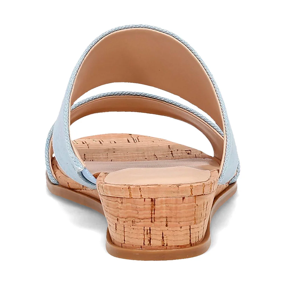 Ligh Blue Fabric Wedge Heel Women Mules Shoes with Two Straps