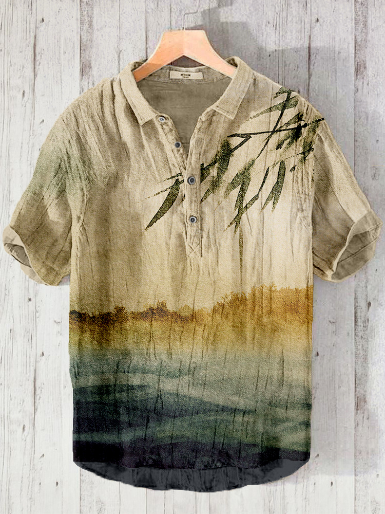 menweary Retro Japanese Minimalist Landscape Art Linen Blend Shirt