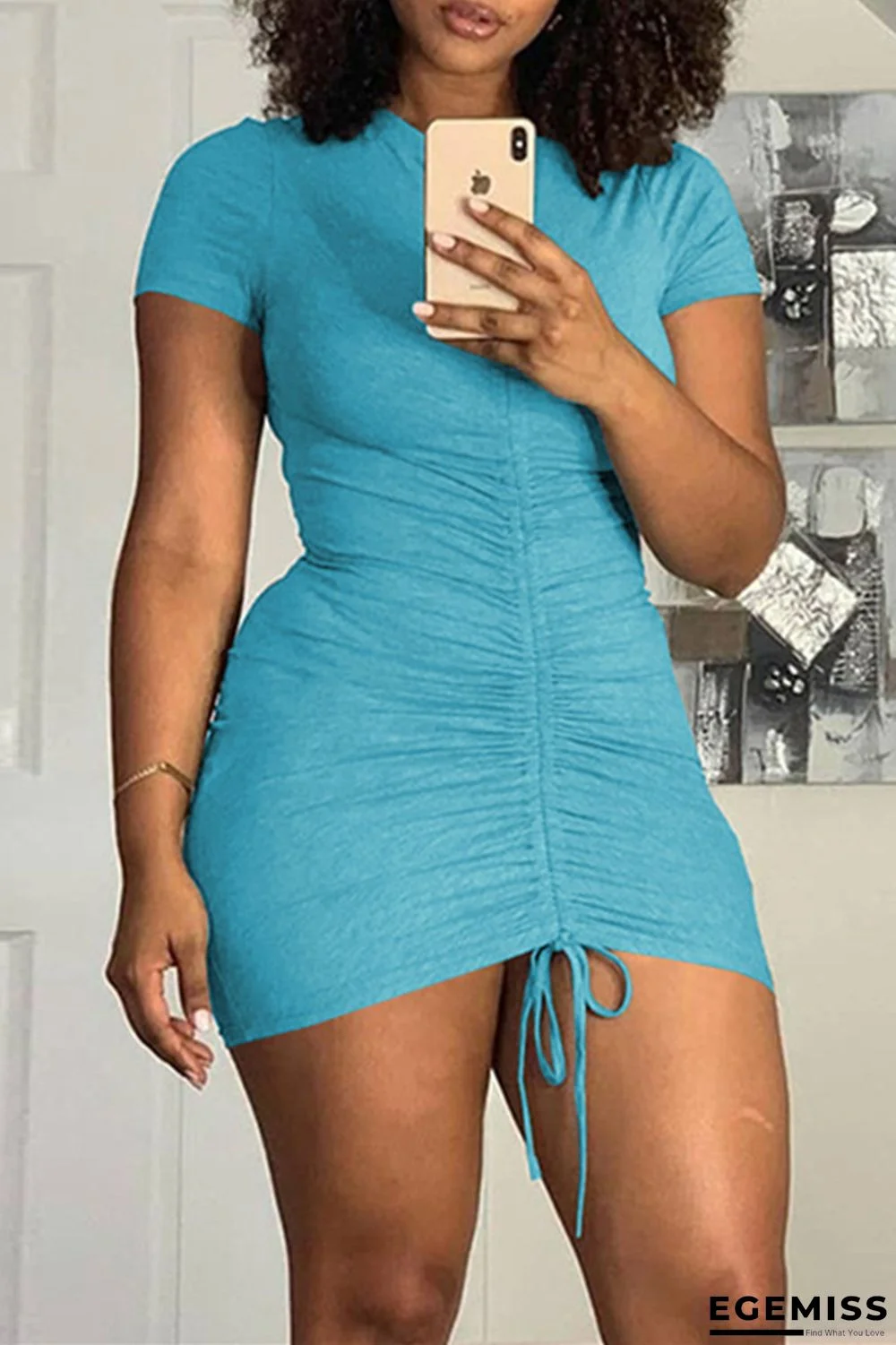 Sky Blue Fashion Solid Draw String O Neck Short Sleeve Dress | EGEMISS