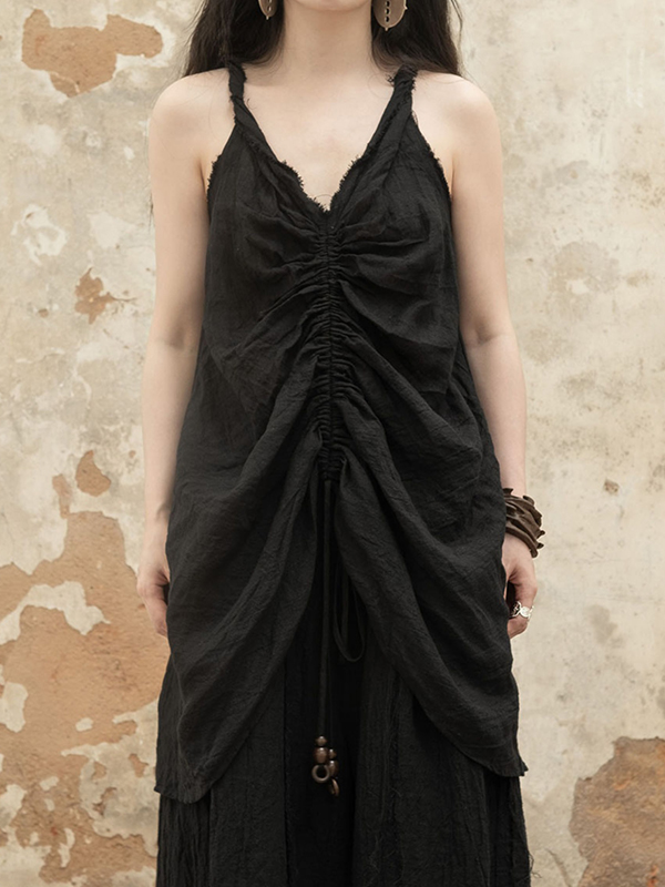 Strap V Neck Ruched Solid Color Cotton Linen Top