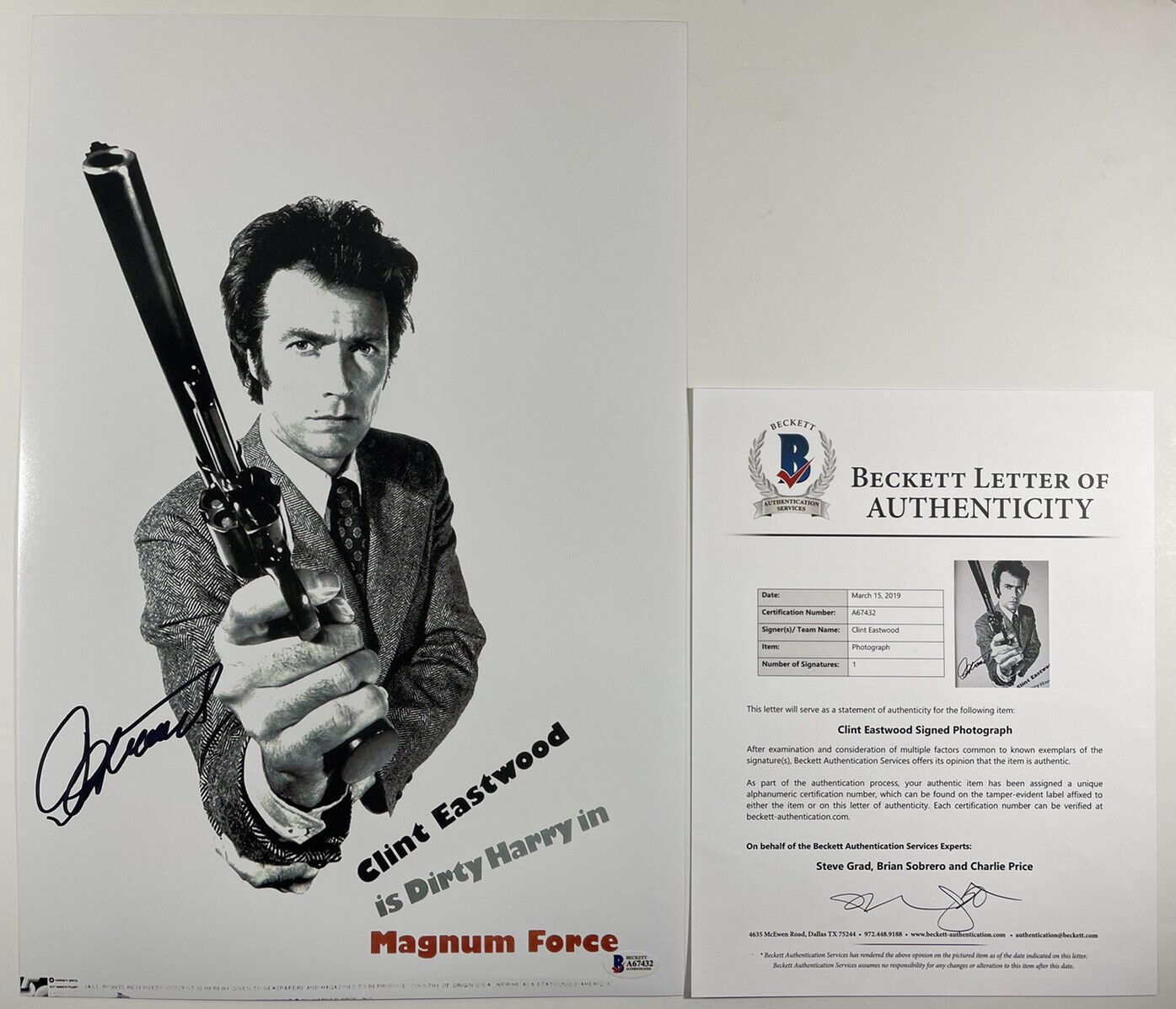 CLINT EASTWOOD SIGNED DIRTY HARRY MAGNUM FORCE 12x18 Photo Poster painting BAS LOA #A67432