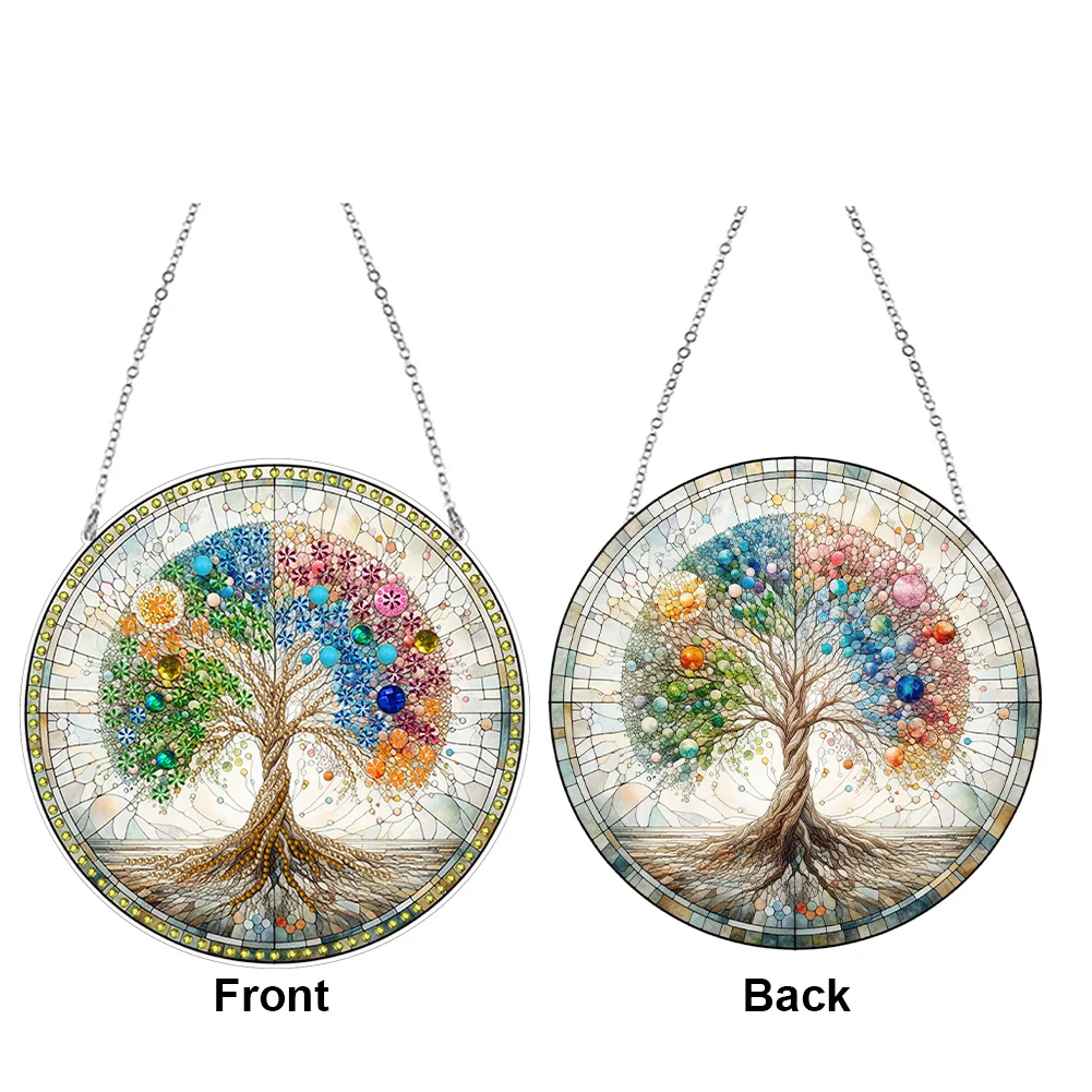 DIY Tree Stained Glass Acrylic Diamond Painting Hanging Pendant for Home Wall Decor