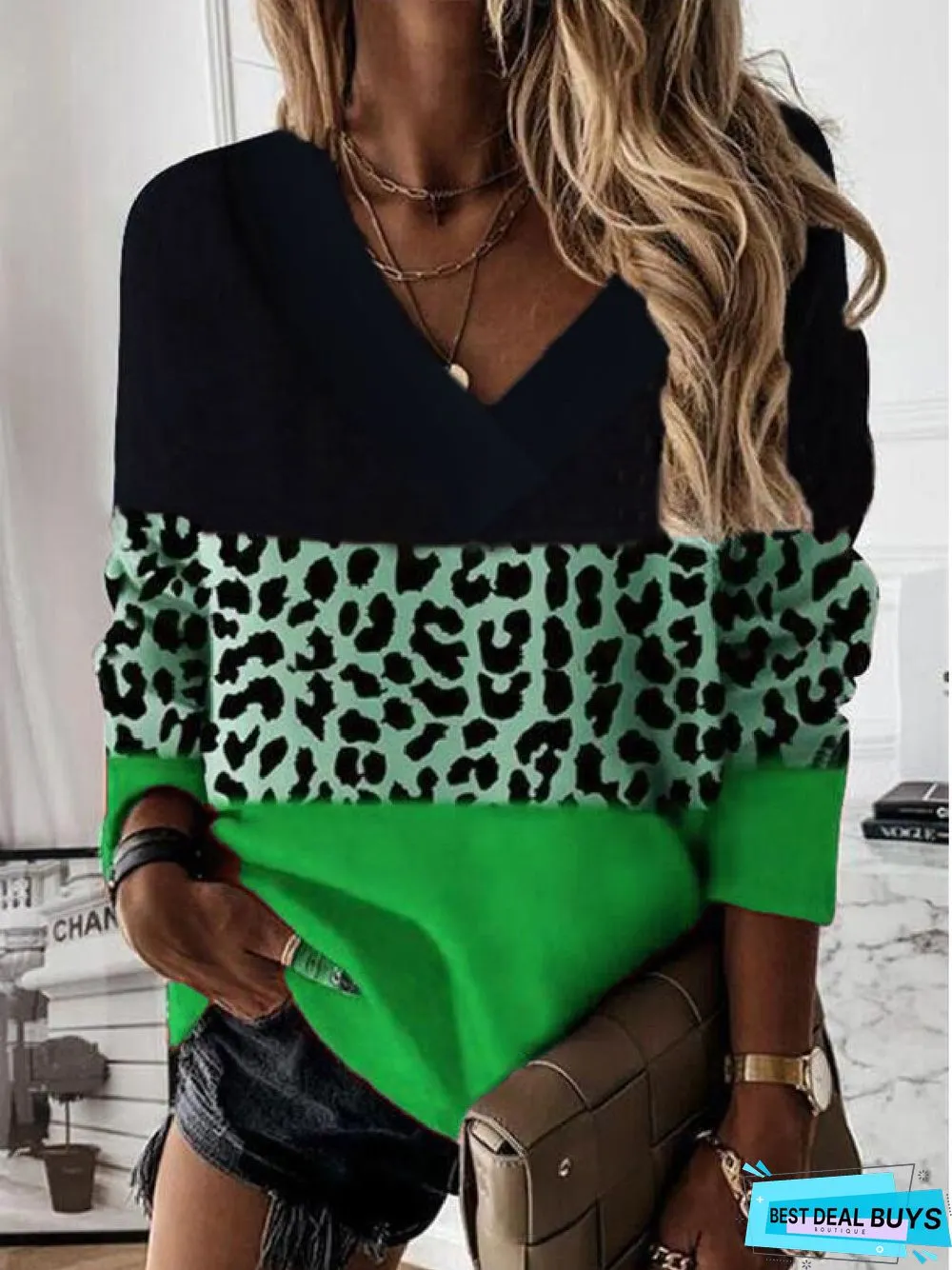 Loosen Cotton Blends V Neck Long Sleeve Casual Printed Tunic Top