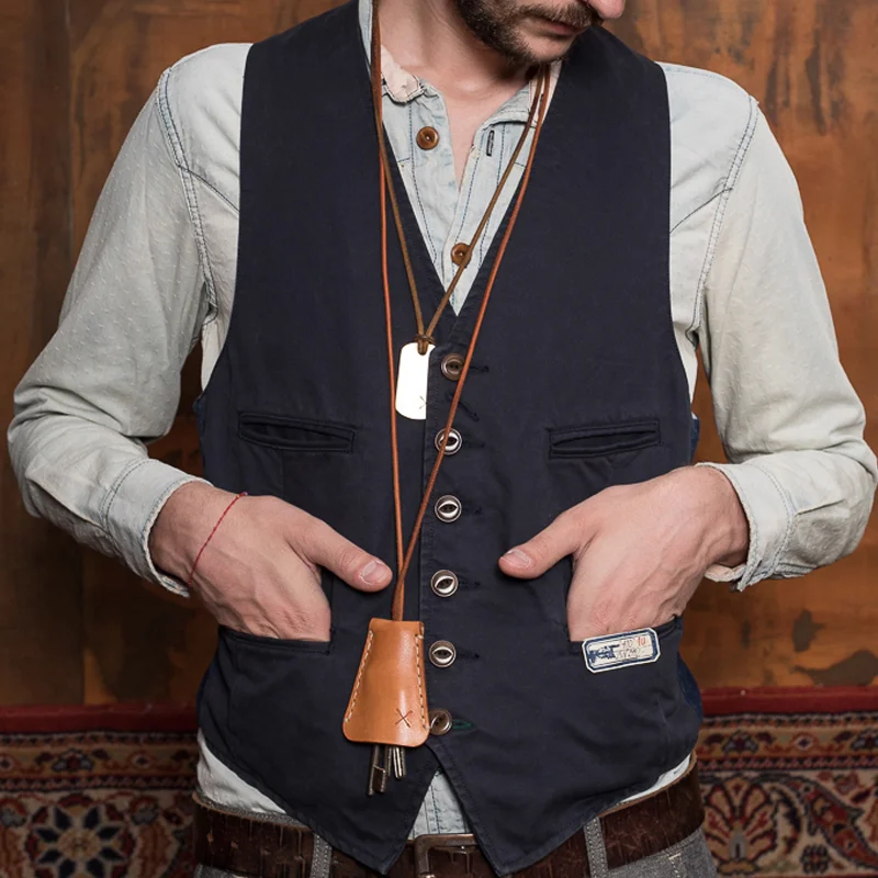Vintage Cotton Dark Blue Single-breasted Patchwork Vest