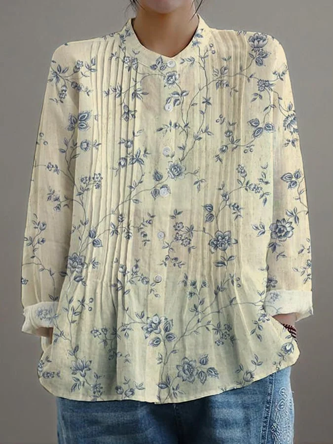 Women's Casual Loose Floral Cotton And Linen Shirt 