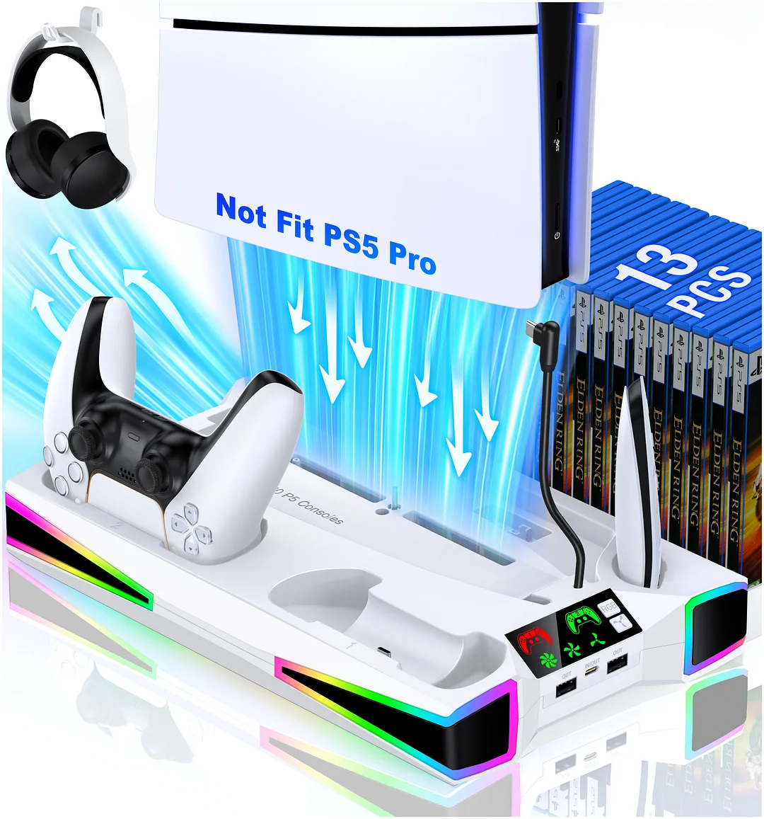 复制PS5 Stand Cooling Station for 2023 PS5 Slim,DinoFire Dual Fast PS5 Controller Charging Station,PS5 Accessories for Sony 2020 PS5 Digital/Disc Console