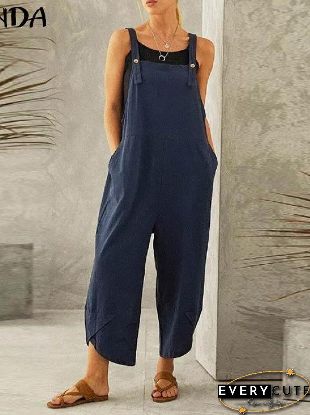Spaghetti Strap Solid Color Side Pocket Overall Jumpsuit