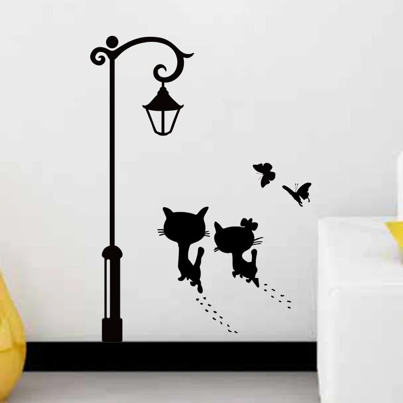 New Sweet Couple Cat Wall Stickers Street Light Butterfly Decorative Stickers for Kids Room Living Room Wall Decal Home Decor