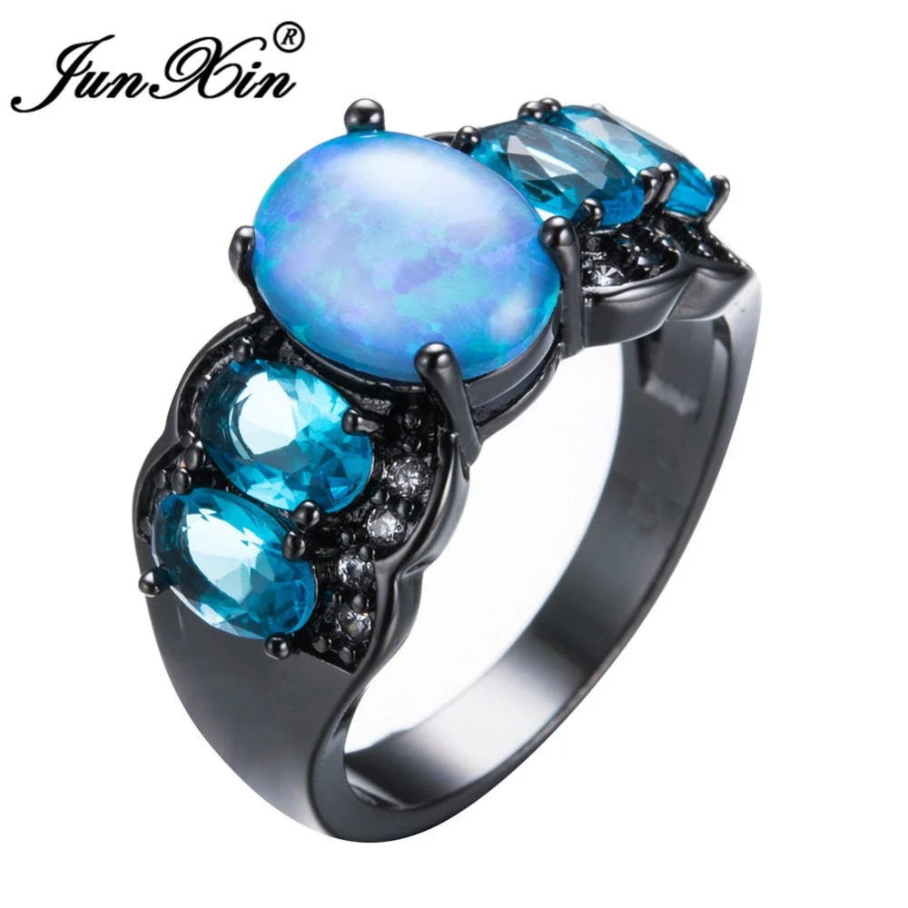 JUNXIN Unique Blue Fire Opal Rings For Women Men Black Gold Filled Wedding Party Engagement Zircon Ring Friendship Jewelry