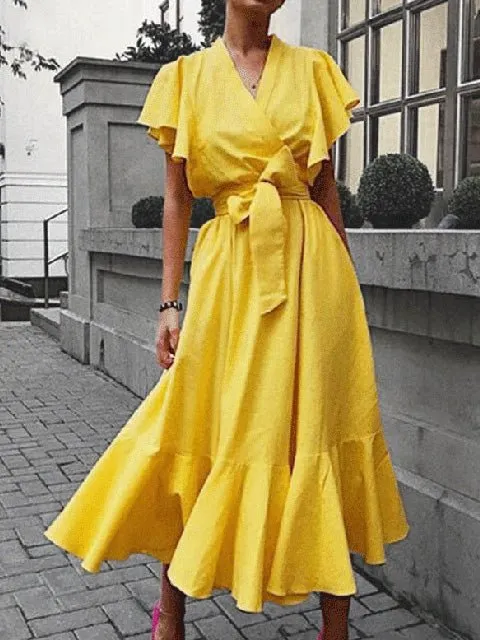 Women's Dresses Solid V-Neck Lace-Up Ruffle Dress