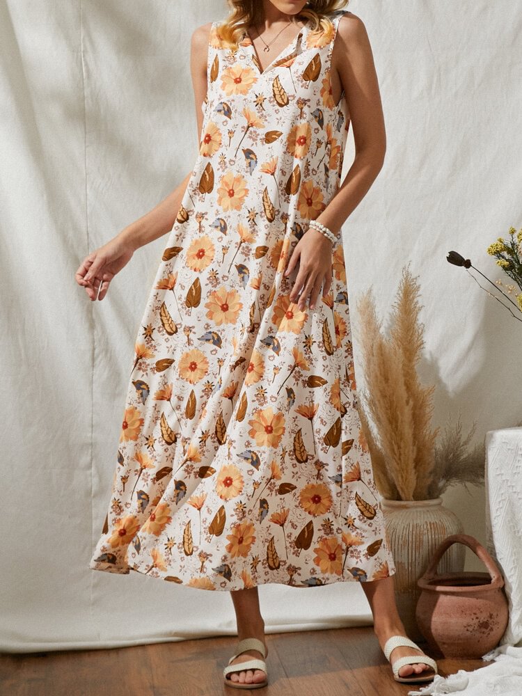 Flower Leaves Print V-neck Sleeveless Women Loose Maxi Dress - Shop Trendy Women's Fashion | TeeYours